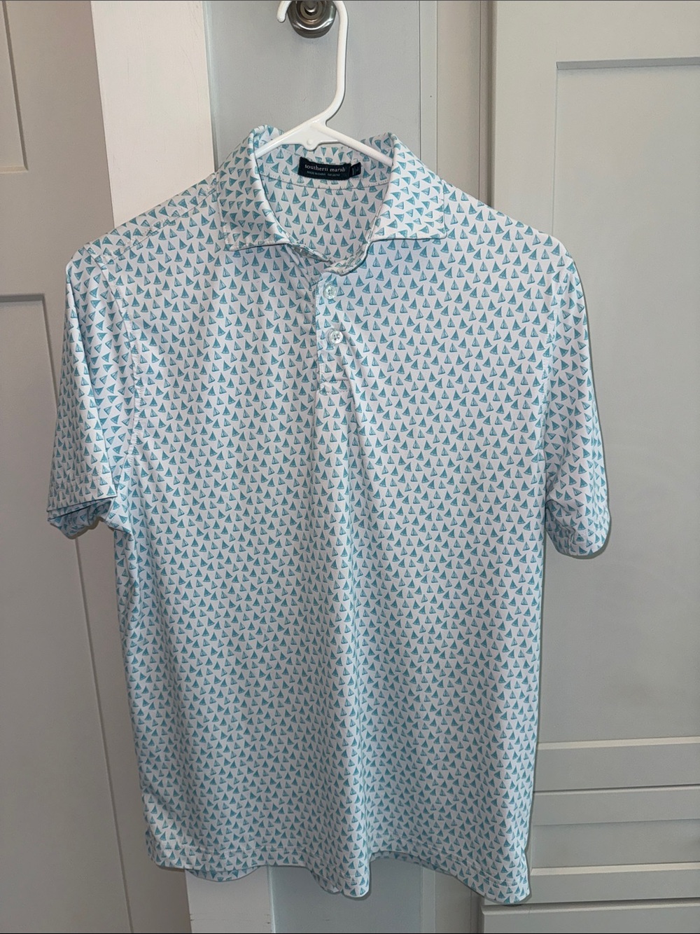 Southern Marsh White Polo with Aqua Sailboat Print